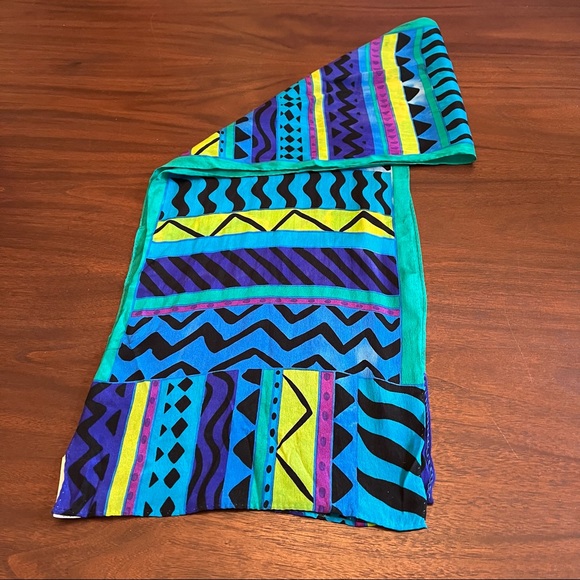 Liz Claiborne Vintage Silk Geometric Turquoise Purple Green Scarf - Picture 3 of 8